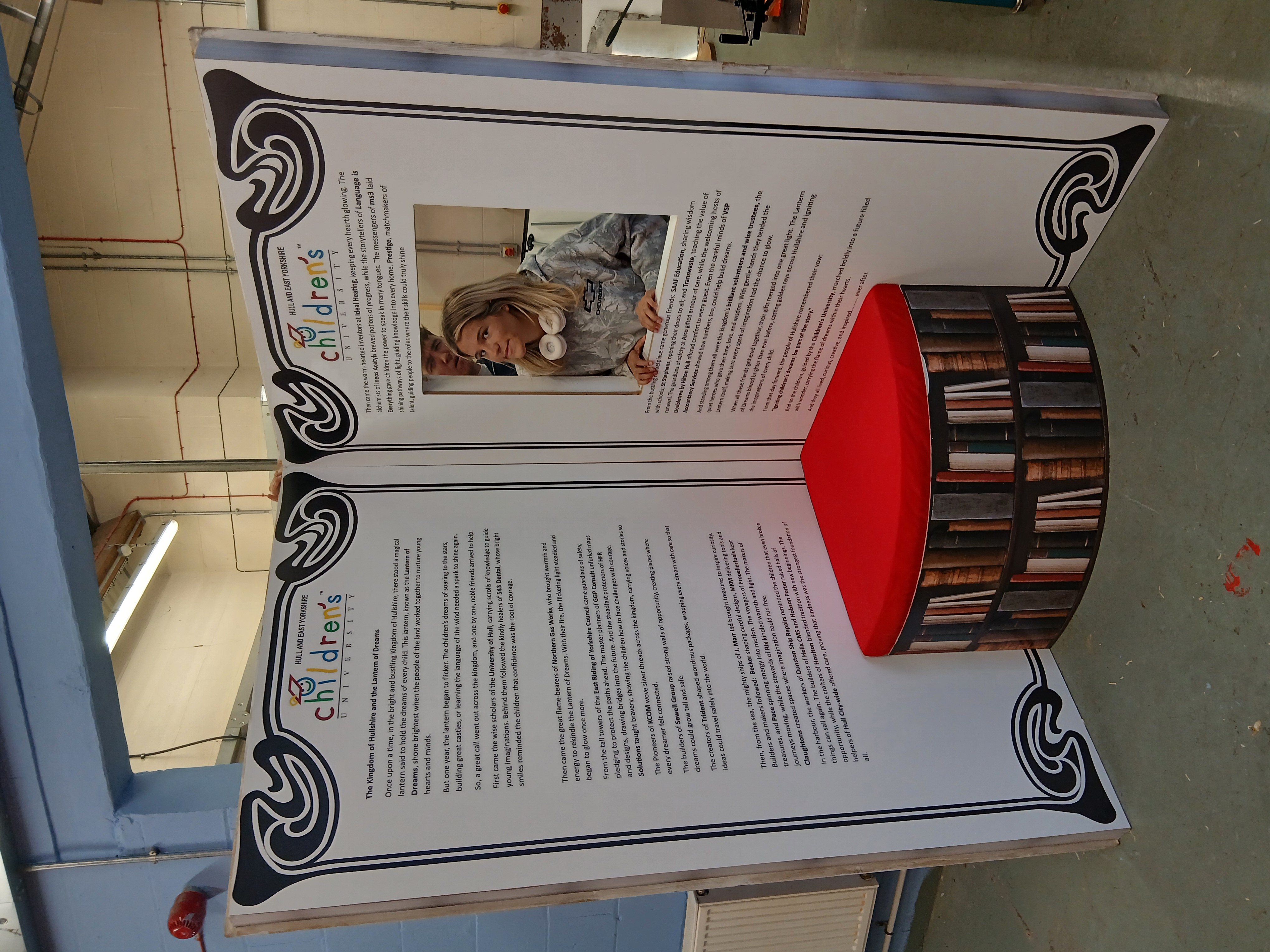 Hull Children’s University Charity Ball 2025, DoubleTree Hilton Hull, book-themed props created by our Signmaking, Joinery, and Carpentry apprentices in collaboration with Hobson & Porter