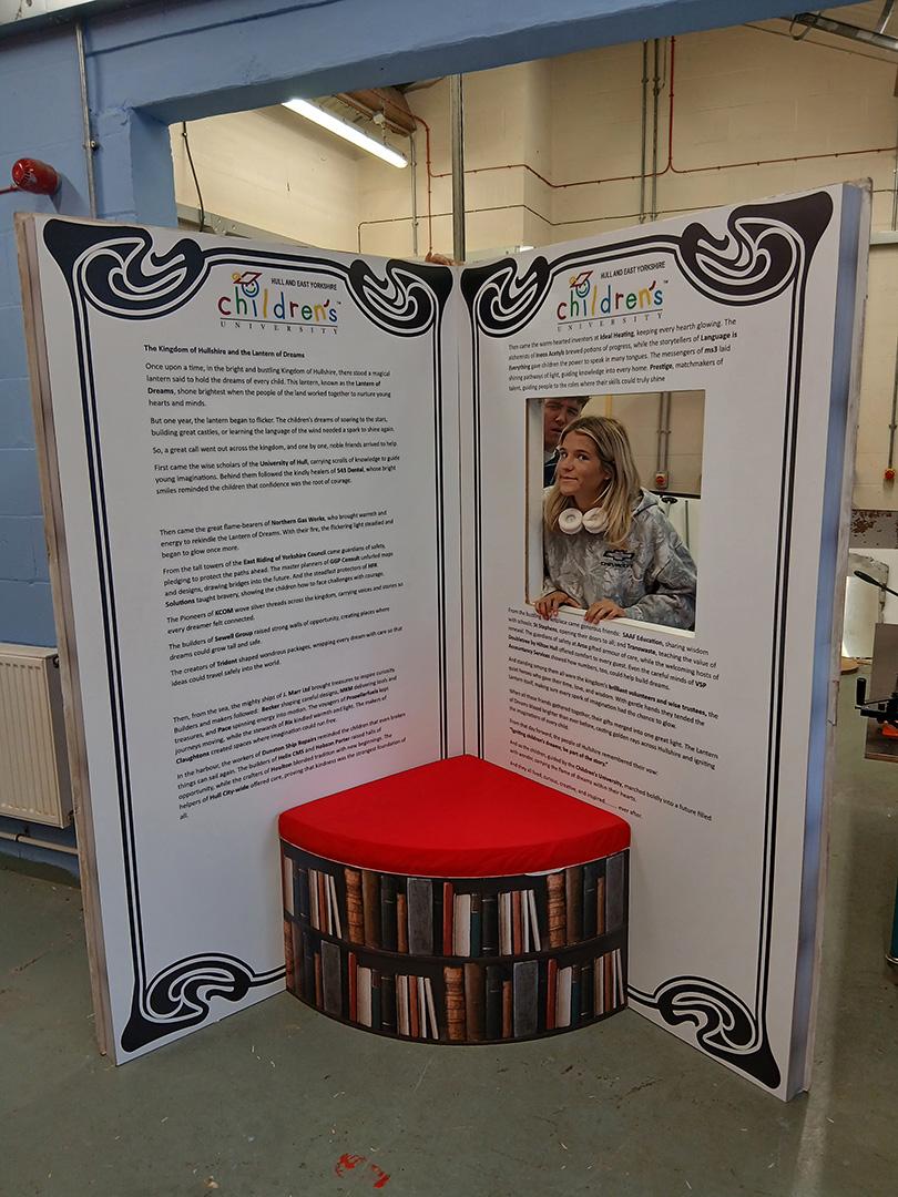Hull Children’s University Charity Ball 2025, DoubleTree Hilton Hull, book-themed props created by our Signmaking, Joinery, and Carpentry apprentices in collaboration with Hobson & Porter