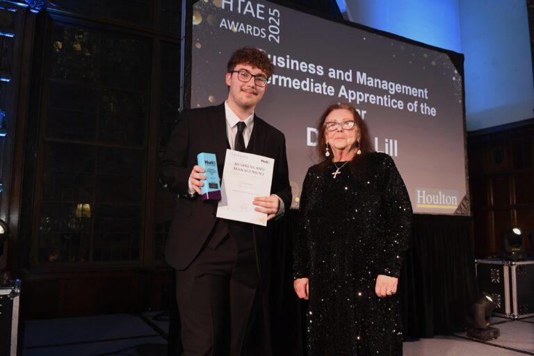 Hull Training and Adult Education Apprentice of the Year, Declan Lill, with Cllr Linda Tock