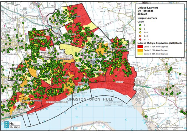 Hull Training and Adult Education learners plotted on a Hull map over areas of deprivation