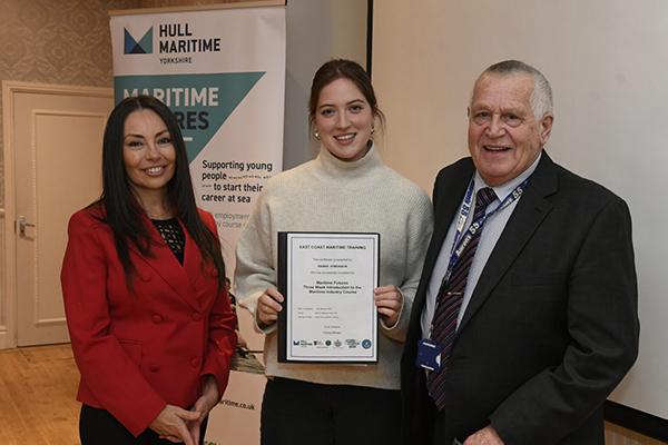 Maritime Futures learner Hanna Jenkinson with programme officer and contract manager for Multiply, Claudia Carrizo-Smallwood, and Len Jenson of East Coast Maritime Training.