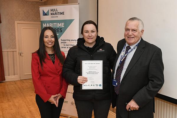 Megan Dosdale with programme officer and contract manager for Multiply, Claudia Carrizo-Smallwood, and Len Jenson of East Coast Maritime Training.