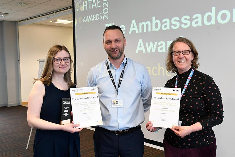 The ambassador award winner rachel hancock and shortlisted nadine foxon munawar and amanda skinner presented by adam wilson