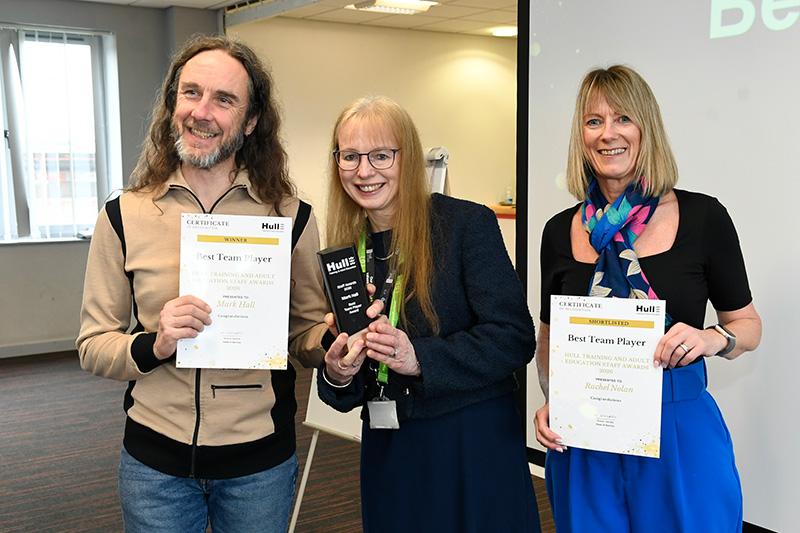 Best team player winner mark hall shortlisted matt bibby and rachel nolan presented by sandra humble