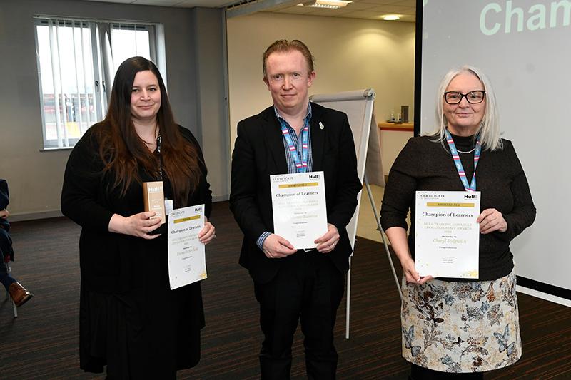 Champion of learners winner emma butterfield shortlisted martin bainton and cheryl sedgwick presented by sharon gamble