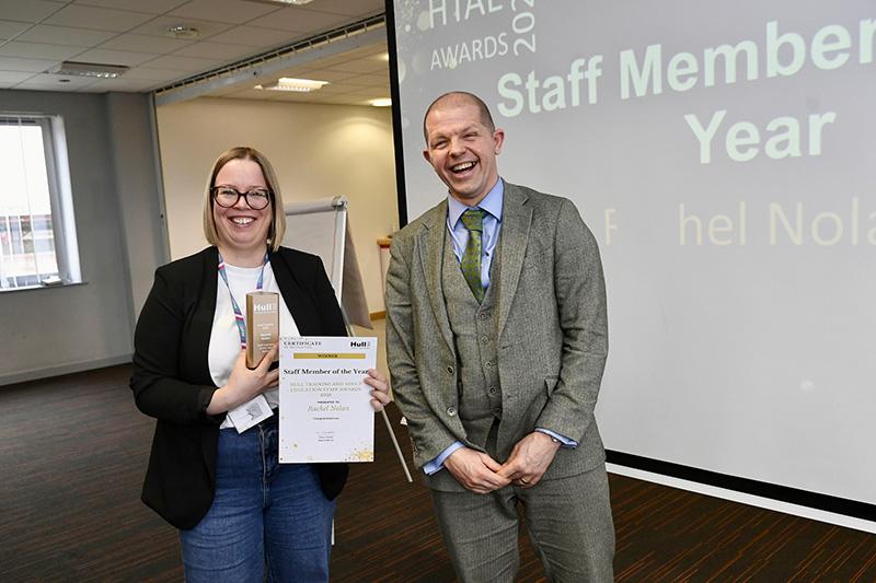 Staff member of the year winner rachel nolan award accepted by liz newlove presented by alex codd