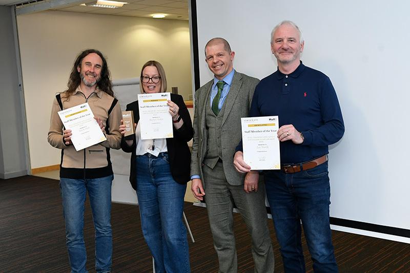 Staff member of the year winner rachel nolan award accepted by liz newlove presented by alex codd shortlisted mark hall and les north