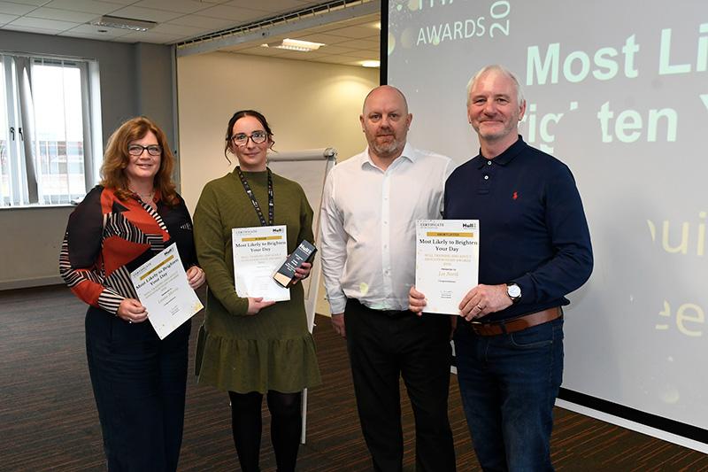 Most likely to brighten your day winner louise greene shortlisted louise morris and les north presented by mike johnson