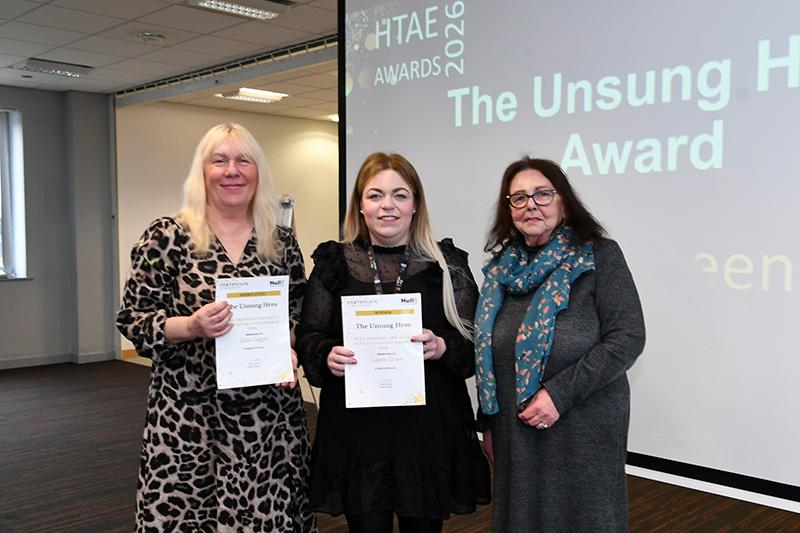 The unsung hero award winner laura green and shortlisted lisa coggin and lilian gergeley presented by cllr linda tock