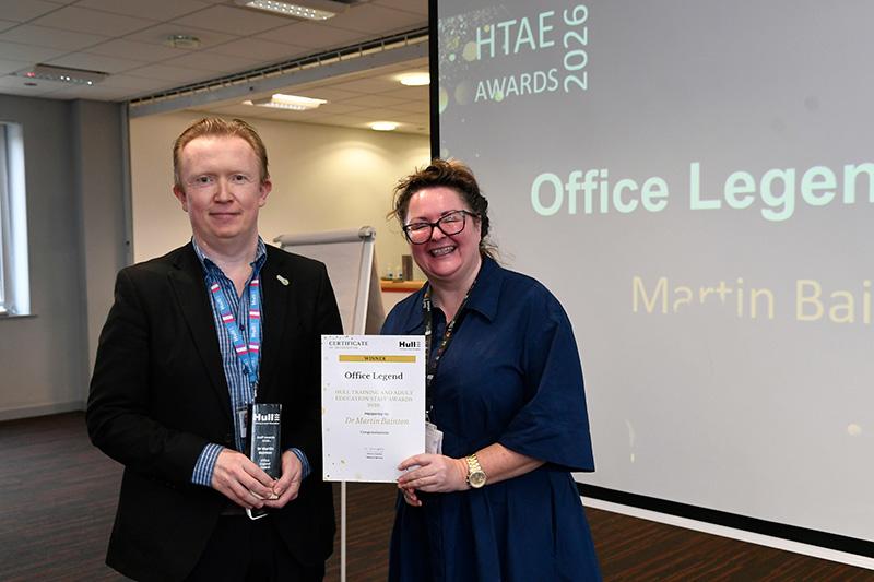 Office legend winner dr martin bainton presented by shirley sloan