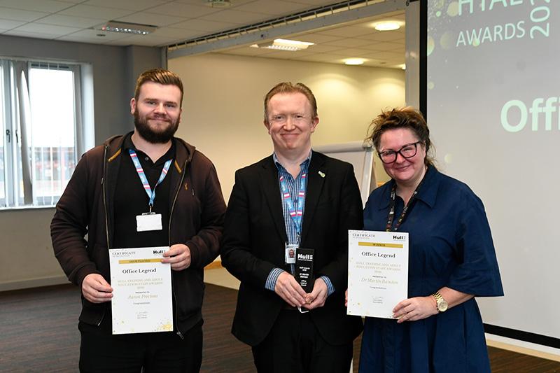 Office legend winner dr martin bainton and shortlisted aaron precious and joanne mcphee presented by shirley sloan