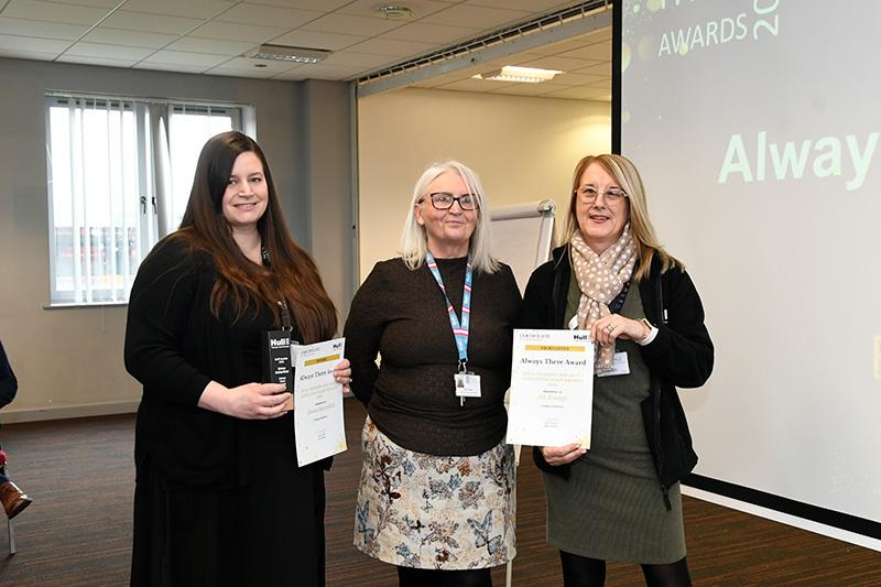 Always there award winner emma butterfield and shortlisted jill knaggs and carrie moore presented by sharon gamble